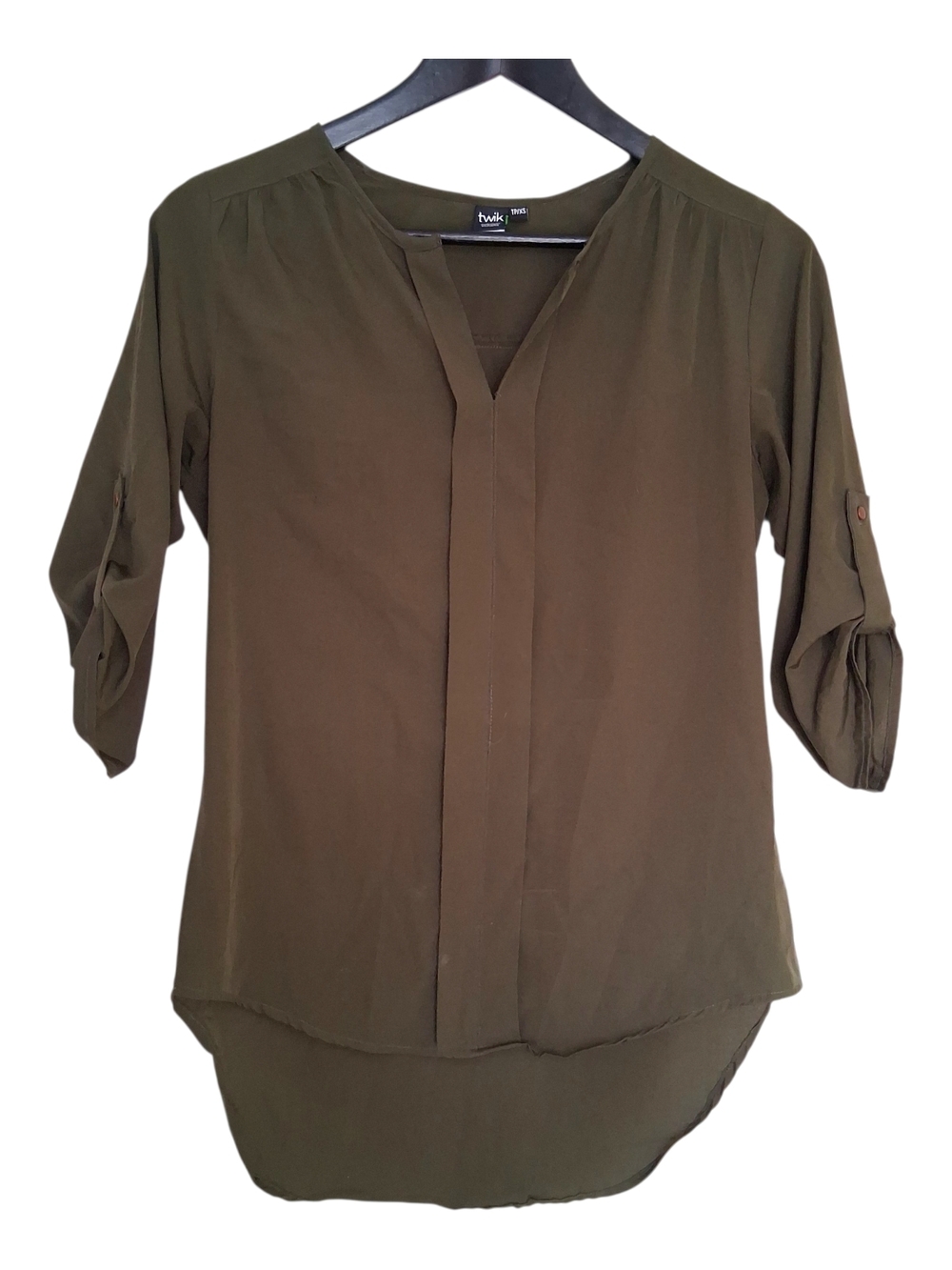 Twik Simons Olive Green Tab-Sleeve V-Neck Blouse Size XS